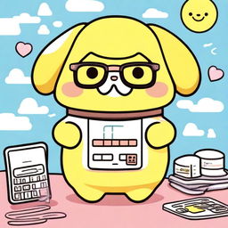 Create an image of Pompompurin, the cute Sanrio character, holding a calculator and wearing glasses