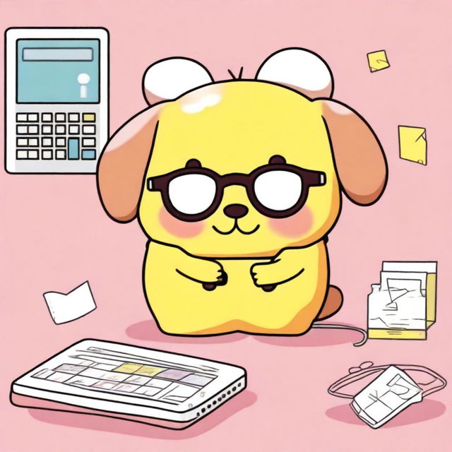 Create an image of Pompompurin, the cute Sanrio character, holding a calculator and wearing glasses