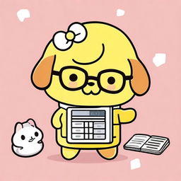 Create an image of Pompompurin, the cute Sanrio character, holding a calculator and wearing glasses