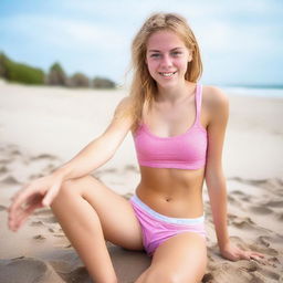 An 18-year-old girl on the beach, wearing pink boxer shorts, sitting on the sand with her legs apart