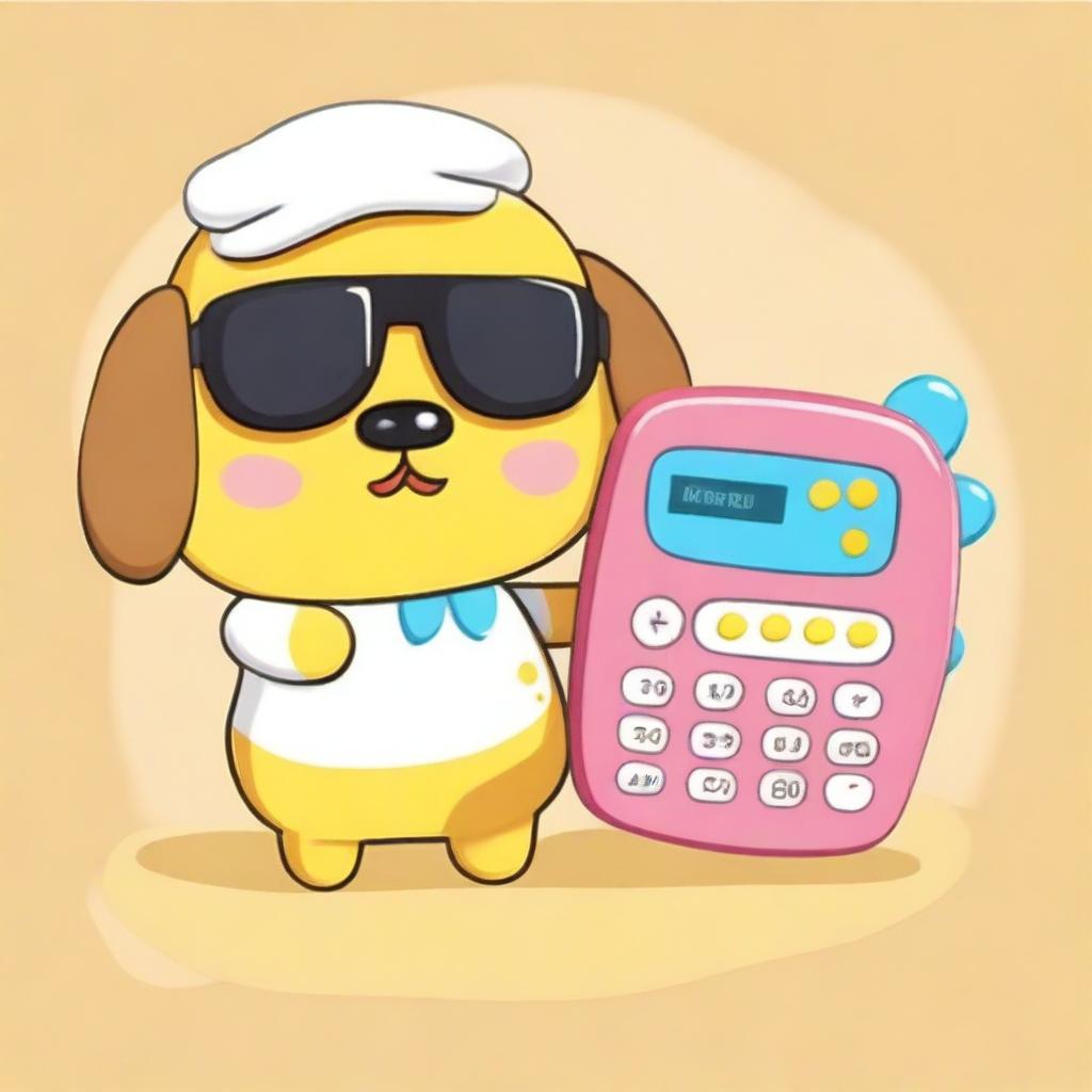 Create an image of Pompompurin, the cute Sanrio character, holding a calculator and wearing 3D glasses