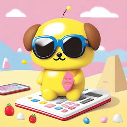 Create an image of Pompompurin, the cute Sanrio character, holding a calculator and wearing 3D glasses