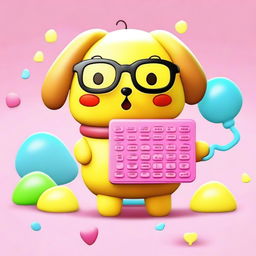 Create an image of Pompompurin, the cute Sanrio character, holding a calculator and wearing 3D glasses