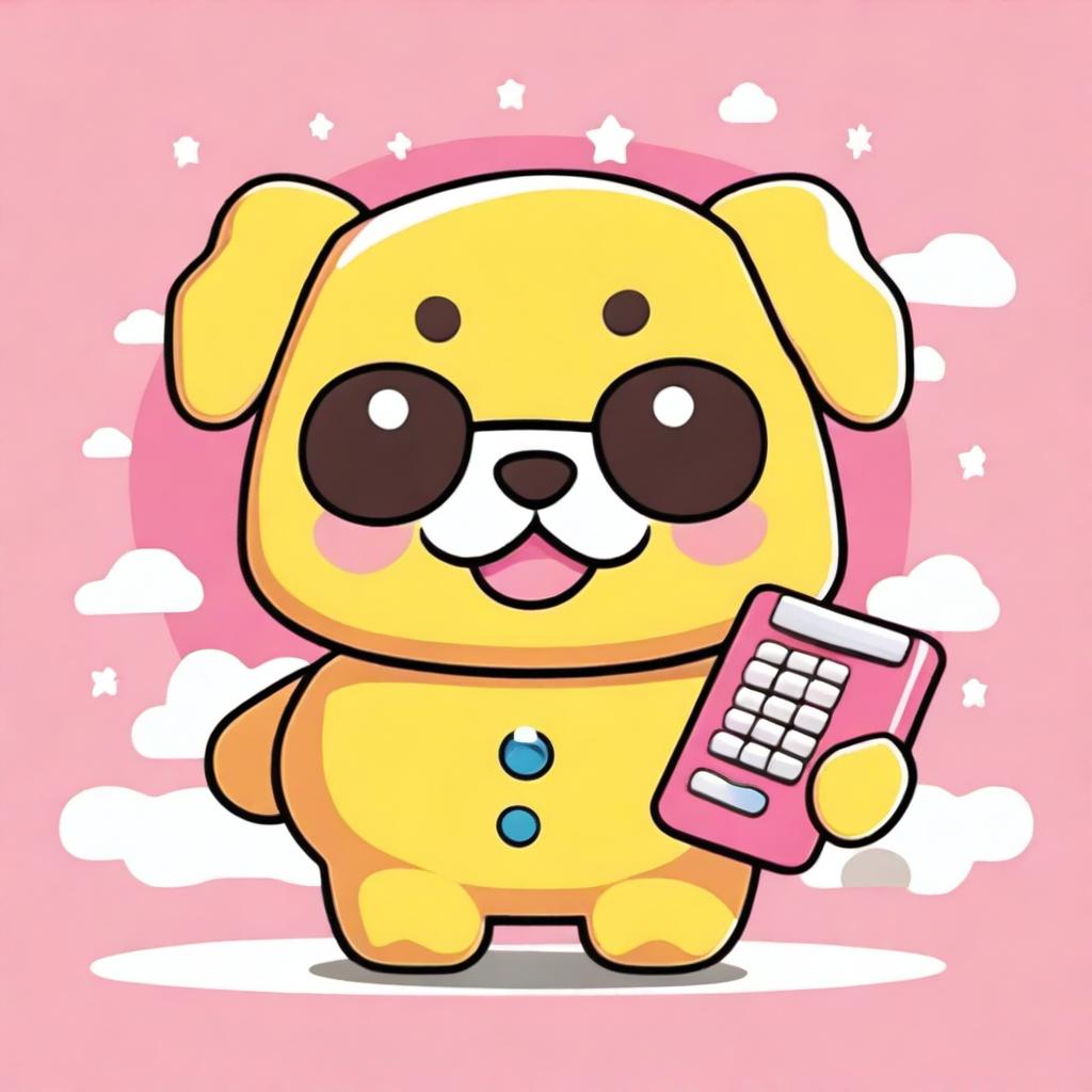 Create an image of Pompompurin, the cute Sanrio character, holding a calculator and wearing 3D glasses