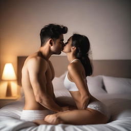 A young woman and a man, both dressed in white boxers, are sitting on a bed and sharing a kiss