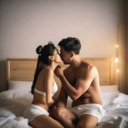 A young woman and a man, both dressed in white boxers, are sitting on a bed and sharing a kiss