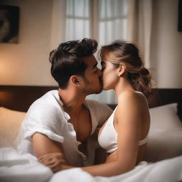 A young woman and a man, both dressed in white boxers, are sitting on a bed and sharing a kiss