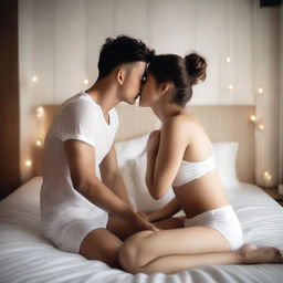 A young woman and a man, both dressed in white boxers, are sitting on a bed and sharing a kiss