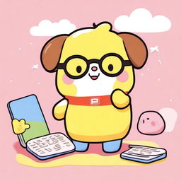 Create an image of Pompompurin, the cute Sanrio character, holding a calculator and wearing glasses