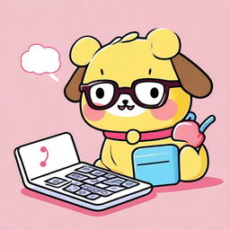 Create an image of Pompompurin, the cute Sanrio character, holding a calculator and wearing glasses