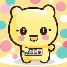 Create an image of Pompompurin, the cute Sanrio character, holding a calculator and wearing glasses