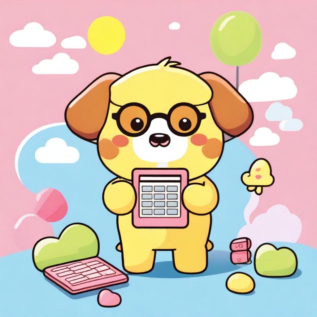 Create an image of Pompompurin, the cute Sanrio character, holding a calculator and wearing glasses