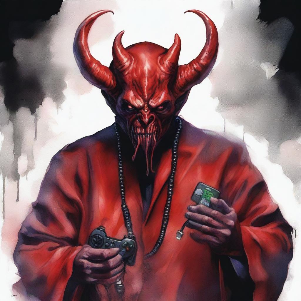 Create a realistic watercolor painting of Satan holding a joystick in his hands