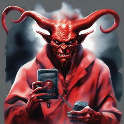 Create a realistic watercolor painting of Satan holding a joystick in his hands