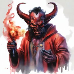 Create a realistic watercolor painting of Satan holding a joystick in his hands