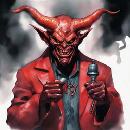 Create a realistic watercolor painting of Satan holding a joystick in his hands