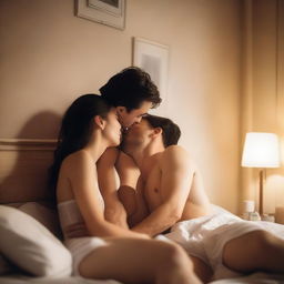 A young woman and a man, both dressed in white boxers, are sitting on a bed and sharing a kiss