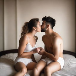 A young woman and a man, both dressed in white boxers, are sitting on a bed and sharing a kiss