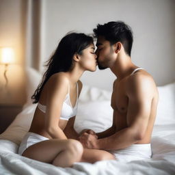 A young woman and a man, both dressed in white boxers, are sitting on a bed and sharing a kiss