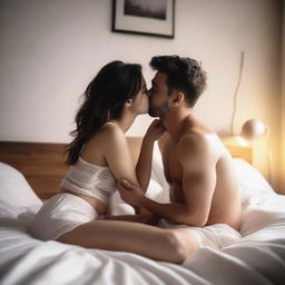 A young woman and a man, both dressed in white boxers, are sitting on a bed and sharing a kiss