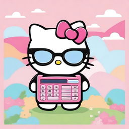 Create an image of Hello Kitty, the iconic Sanrio character, holding a calculator and wearing glasses