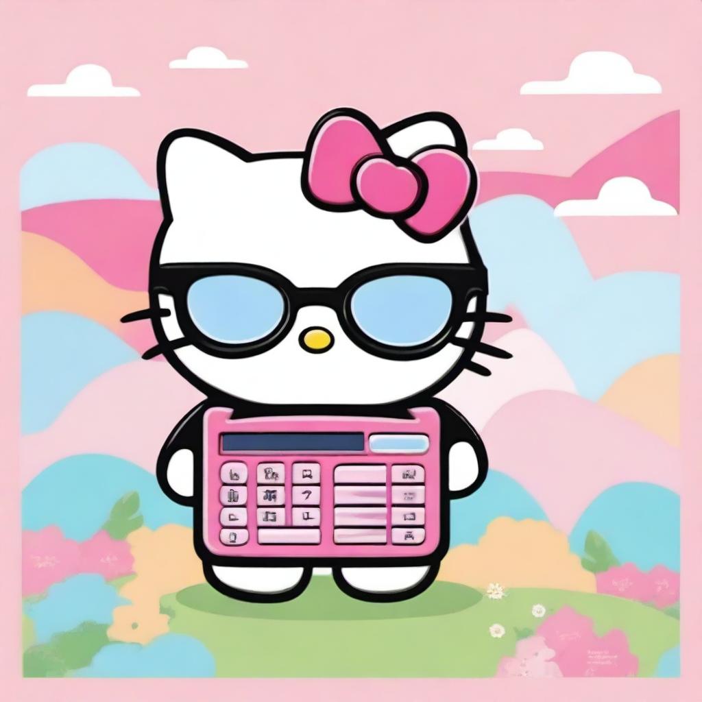 Create an image of Hello Kitty, the iconic Sanrio character, holding a calculator and wearing glasses