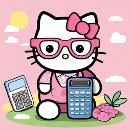 Create an image of Hello Kitty, the iconic Sanrio character, holding a calculator and wearing glasses