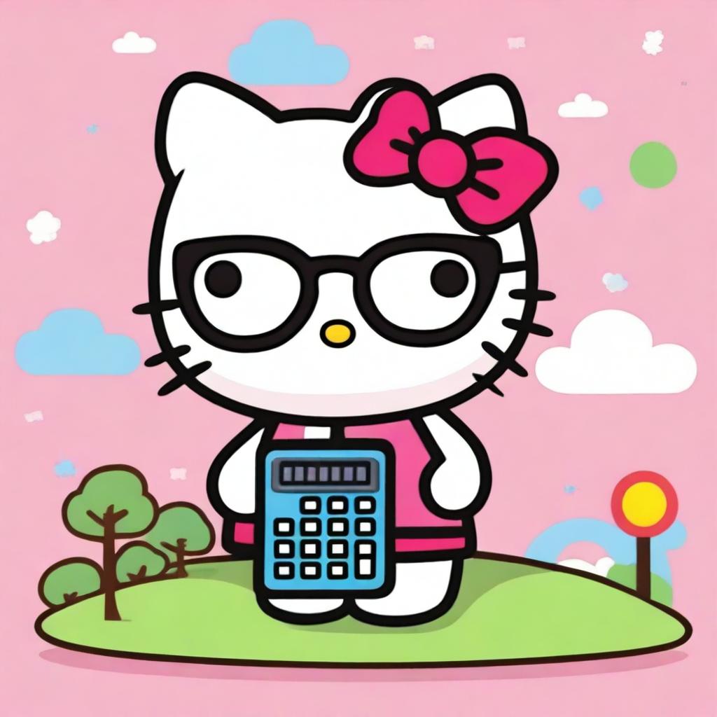 Create an image of Hello Kitty, the iconic Sanrio character, holding a calculator and wearing glasses