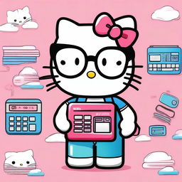 Create an image of Hello Kitty, the iconic Sanrio character, holding a calculator and wearing glasses