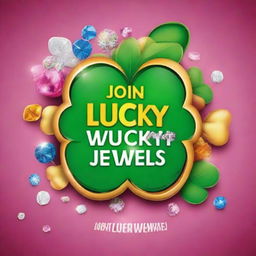 A vibrant and eye-catching advertisement with the text 'JOIN LUCKY JEWELS'