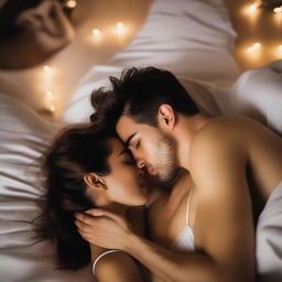 A young woman and a young man, both dressed in tight white boxers, are lying on their backs on a bed and sharing a kiss