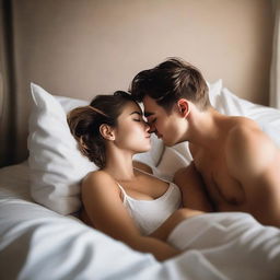 A young woman and a young man, both dressed in tight white boxers, are lying on their backs on a bed and sharing a kiss