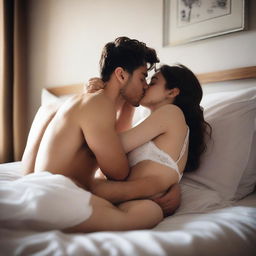 A young woman and a young man, both dressed in tight white boxers, are lying on their backs on a bed and sharing a kiss