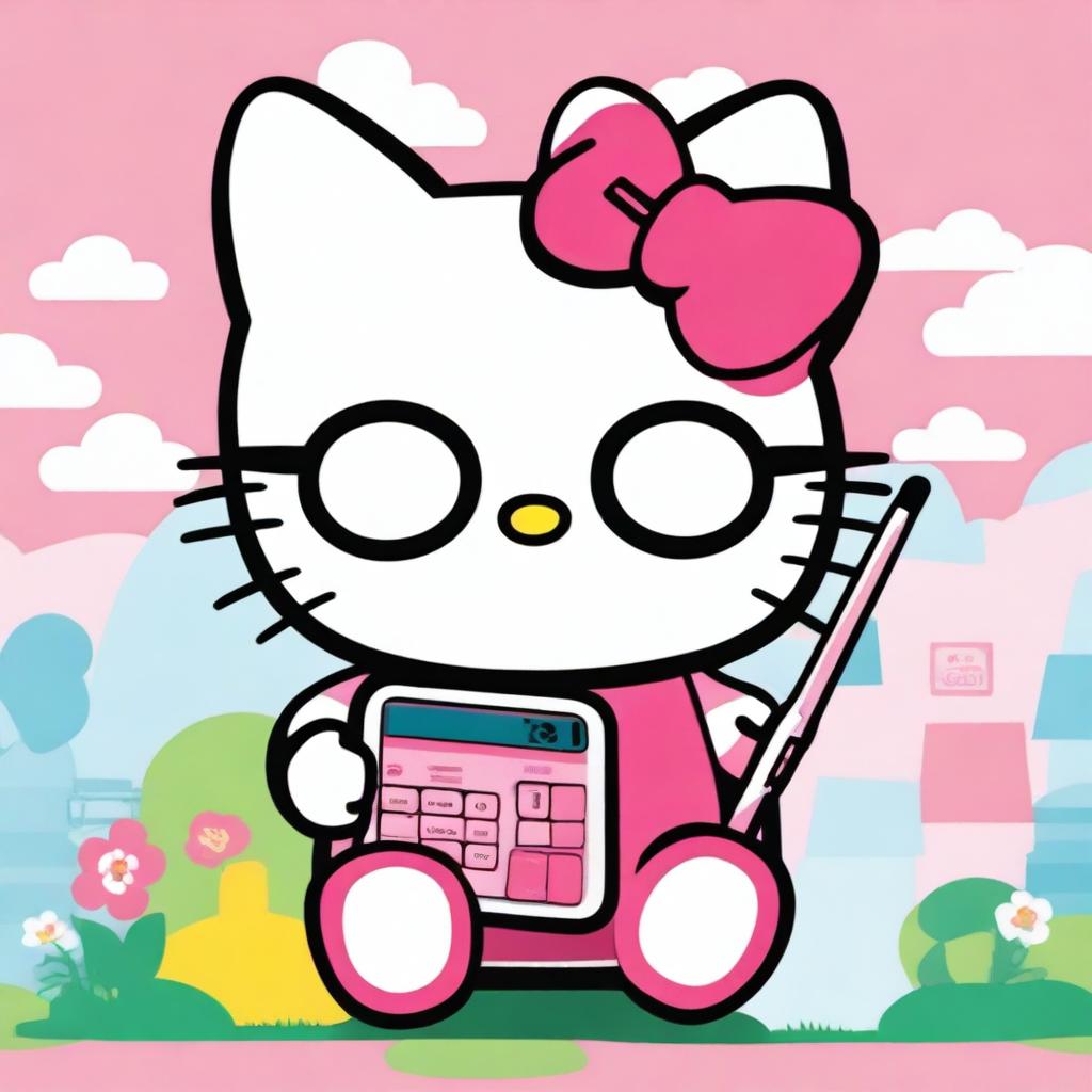 Create an image of Hello Kitty, the iconic Sanrio character, holding a calculator and wearing glasses