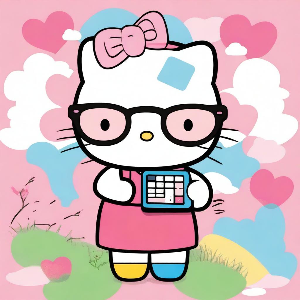 Create an image of Hello Kitty, the iconic Sanrio character, holding a calculator and wearing glasses