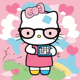 Create an image of Hello Kitty, the iconic Sanrio character, holding a calculator and wearing glasses