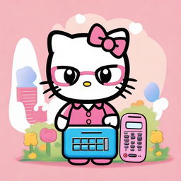 Create an image of Hello Kitty, the iconic Sanrio character, holding a calculator and wearing glasses