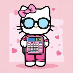 Create an image of Hello Kitty, the iconic Sanrio character, holding a calculator and wearing glasses