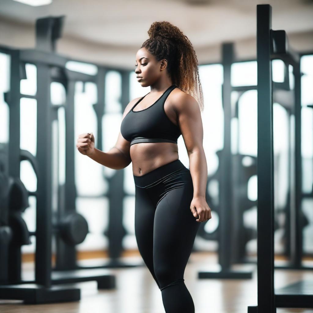 A young, tall, curvy black woman is working out in a gym