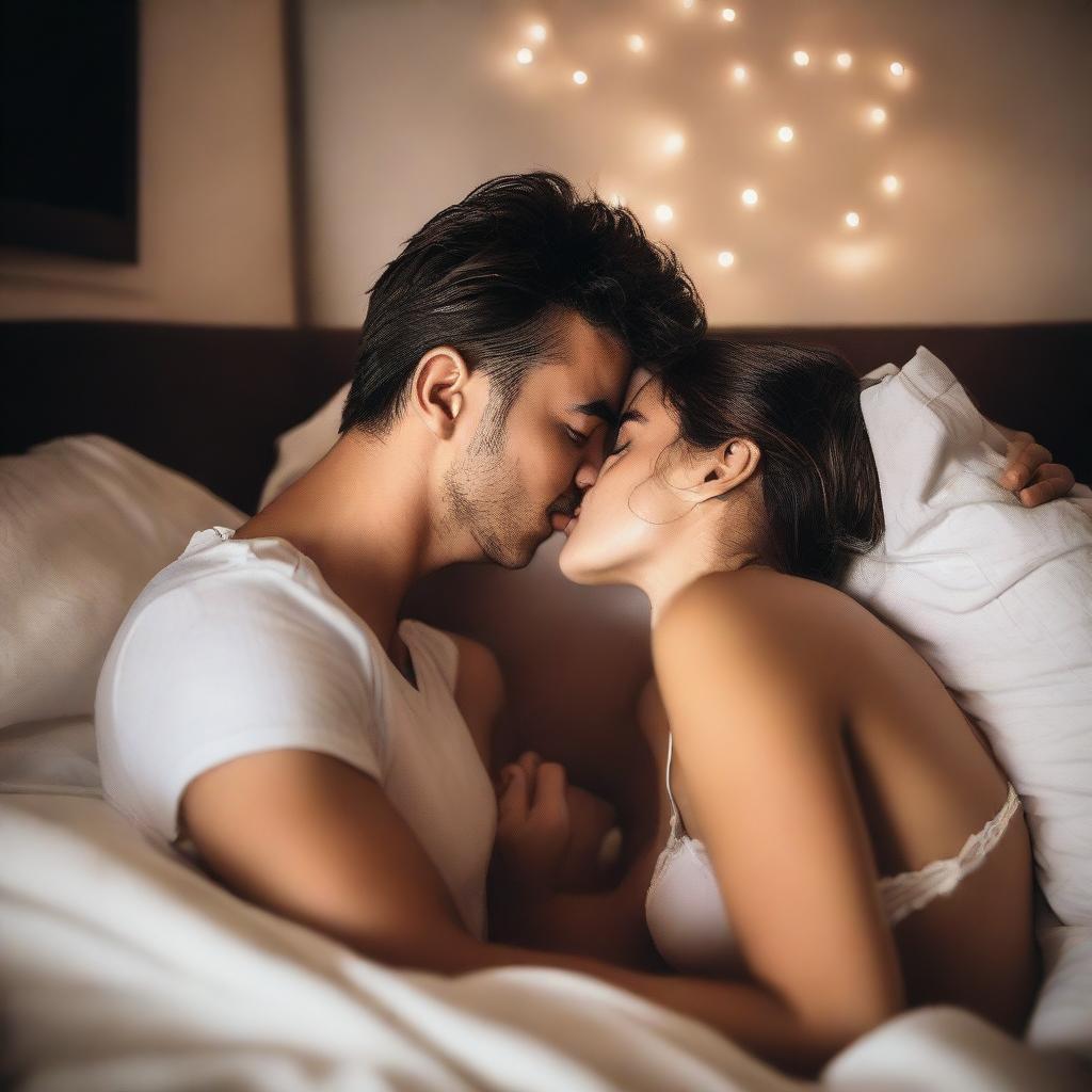 A young woman and a young man, both dressed in tight white boxers, are lying on their backs on a bed and sharing a kiss