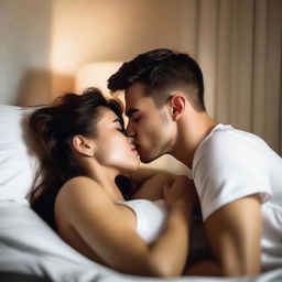 A young woman and a young man, both dressed in tight white boxers, are lying on their backs on a bed and sharing a kiss