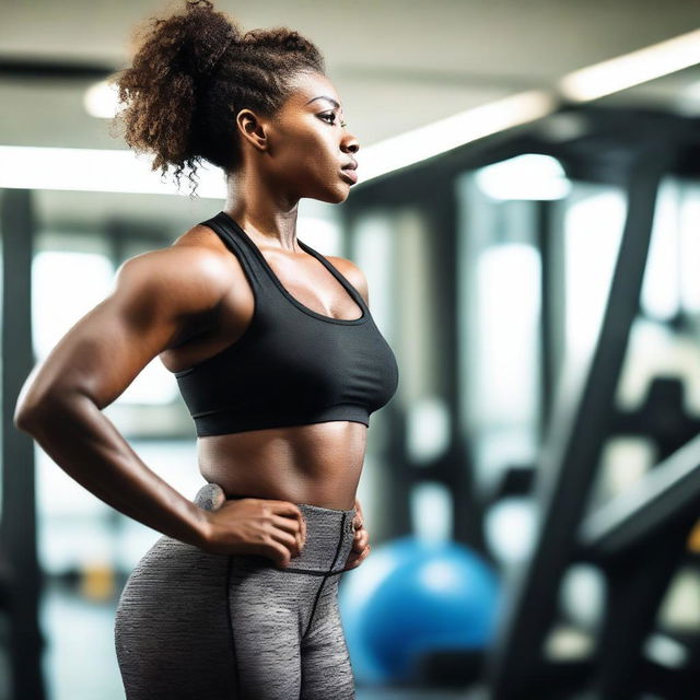 A young, tall, curvy black woman is working out in a gym