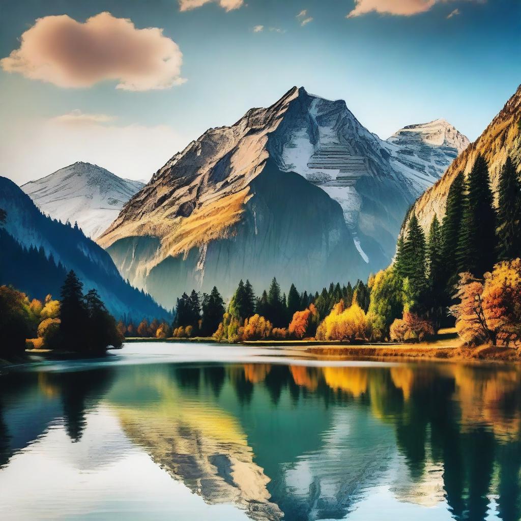 A picturesque travel scene featuring a beautiful landscape with mountains, rivers, and forests