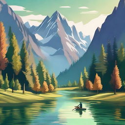 A picturesque travel scene featuring a beautiful landscape with mountains, rivers, and forests