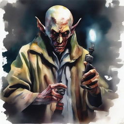 Create a realistic watercolor painting of the Antichrist holding a joystick in his hands