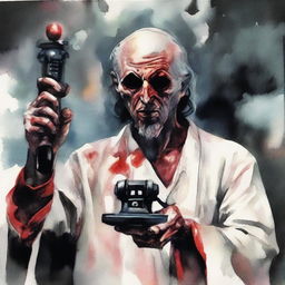 Create a realistic watercolor painting of the Antichrist holding a joystick in his hands