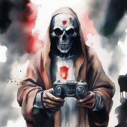 Create a realistic watercolor painting of the Antichrist holding a joystick in his hands