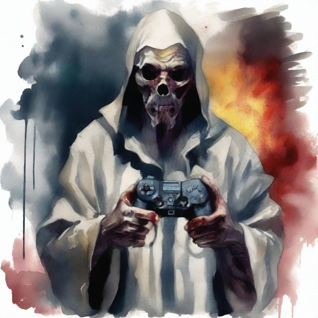 Create a realistic watercolor painting of the Antichrist holding a joystick in his hands