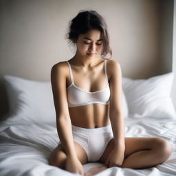 A young woman, dressed in tight white boxers, is sitting on a bed, curled up and gently touching her bottom