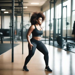 A young, tall, curvy black woman is working out in a gym